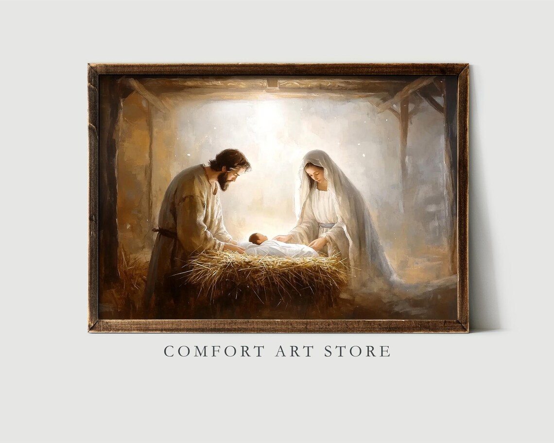 Mary and Joseph With Baby Jesus in the Manger Glowing Light Poster - Image 2