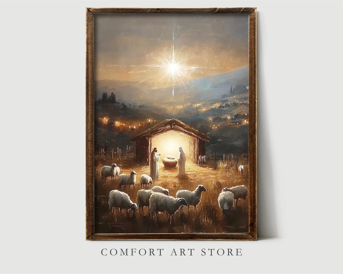 Nativity Stable Under the Star of Bethlehem Night Scene Poster - Image 2