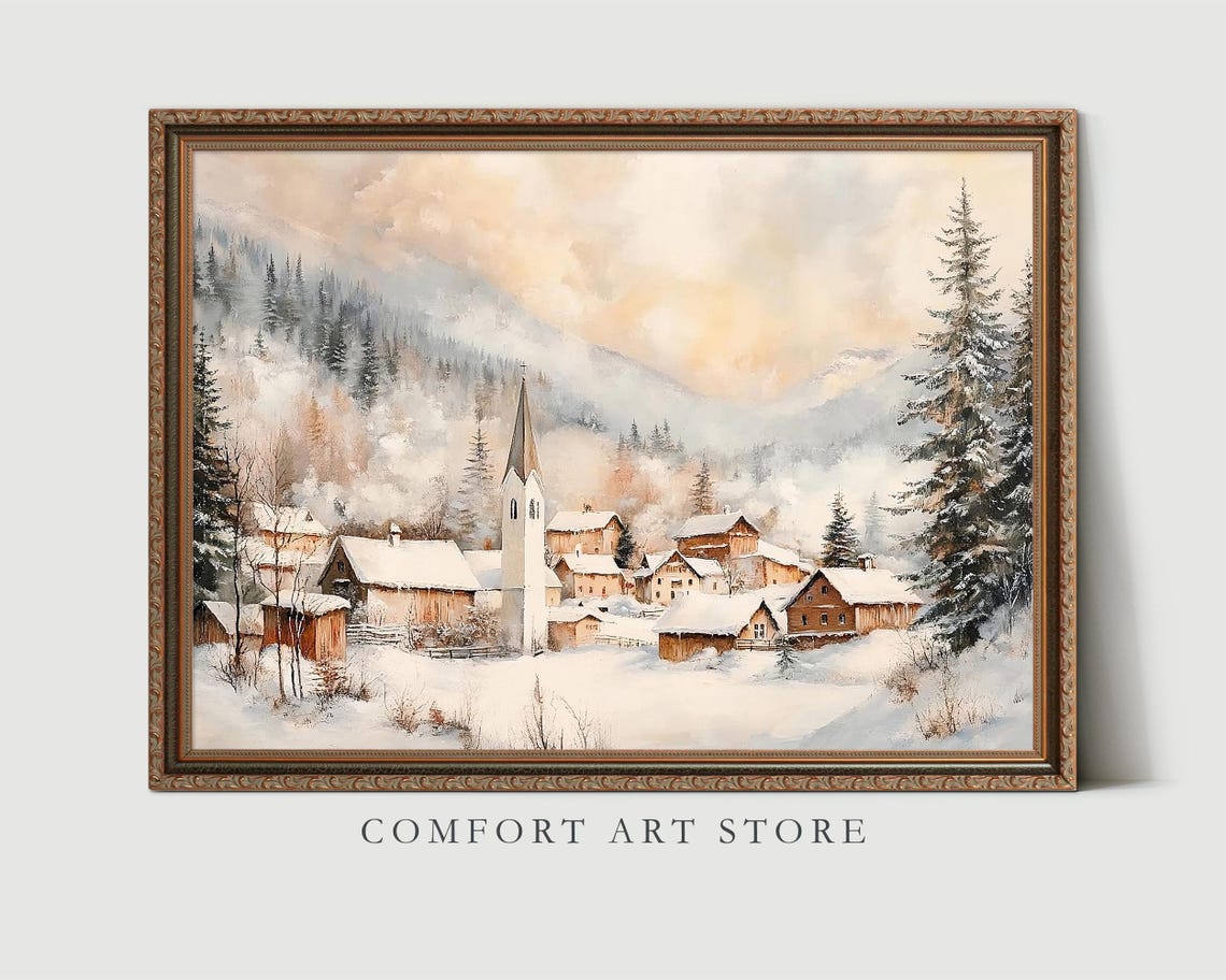 Snowy Alpine Village with Church Misty Mountain Winter Poster - Image 4