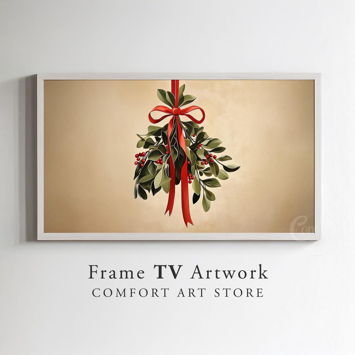 Christmas Mistletoe With Red Bow on a Warm Beige Vintage Poster - Image 3