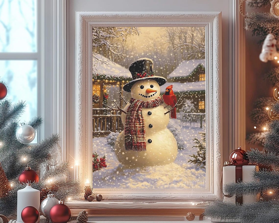 Vintage Christmas Wall Art Snowman Print Winter Cottage Red Cardinal Holiday Winter Decor Neutral Christmas Oil Painting Antique Snowman Art - Image 8