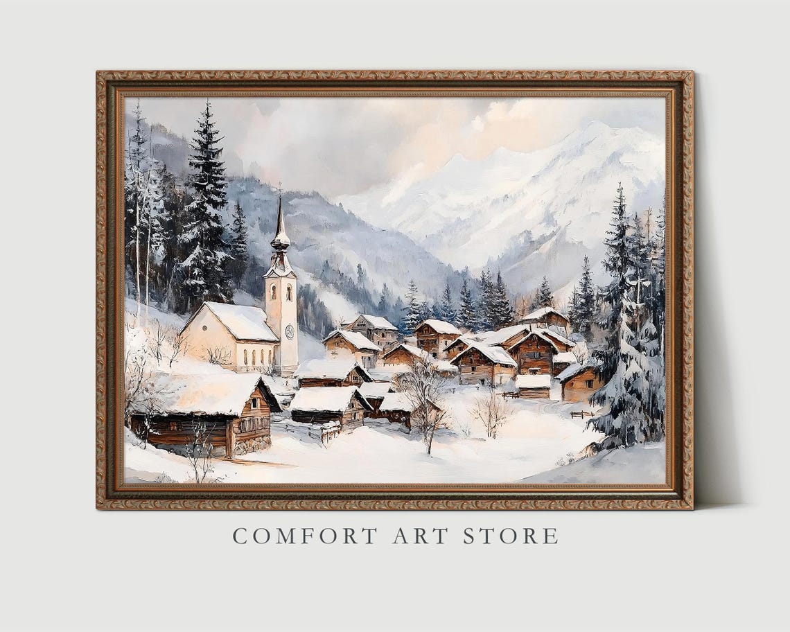 Snowy Alpine Village with Church and Mountains Winter Poster - Image 3