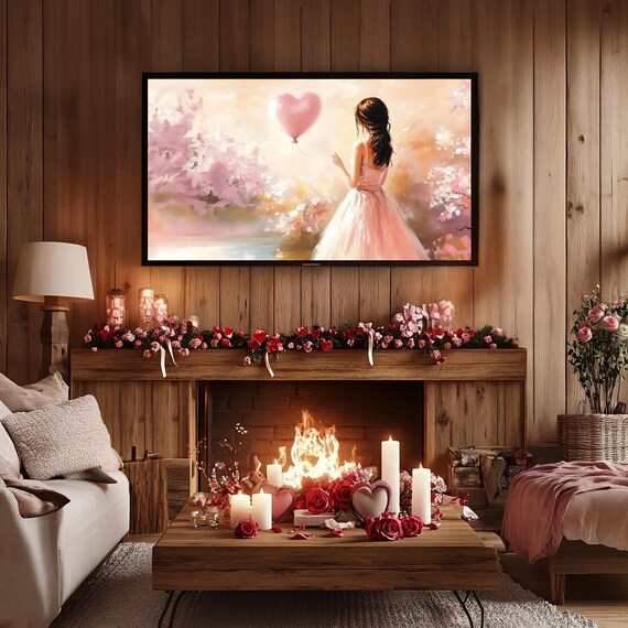 Valentines Day Frame Tv Art Frame Tv Pink Heart Balloon Tv Vintage Valentine Woman Cherry Blossom Painting Moody Romantic Home Dcor