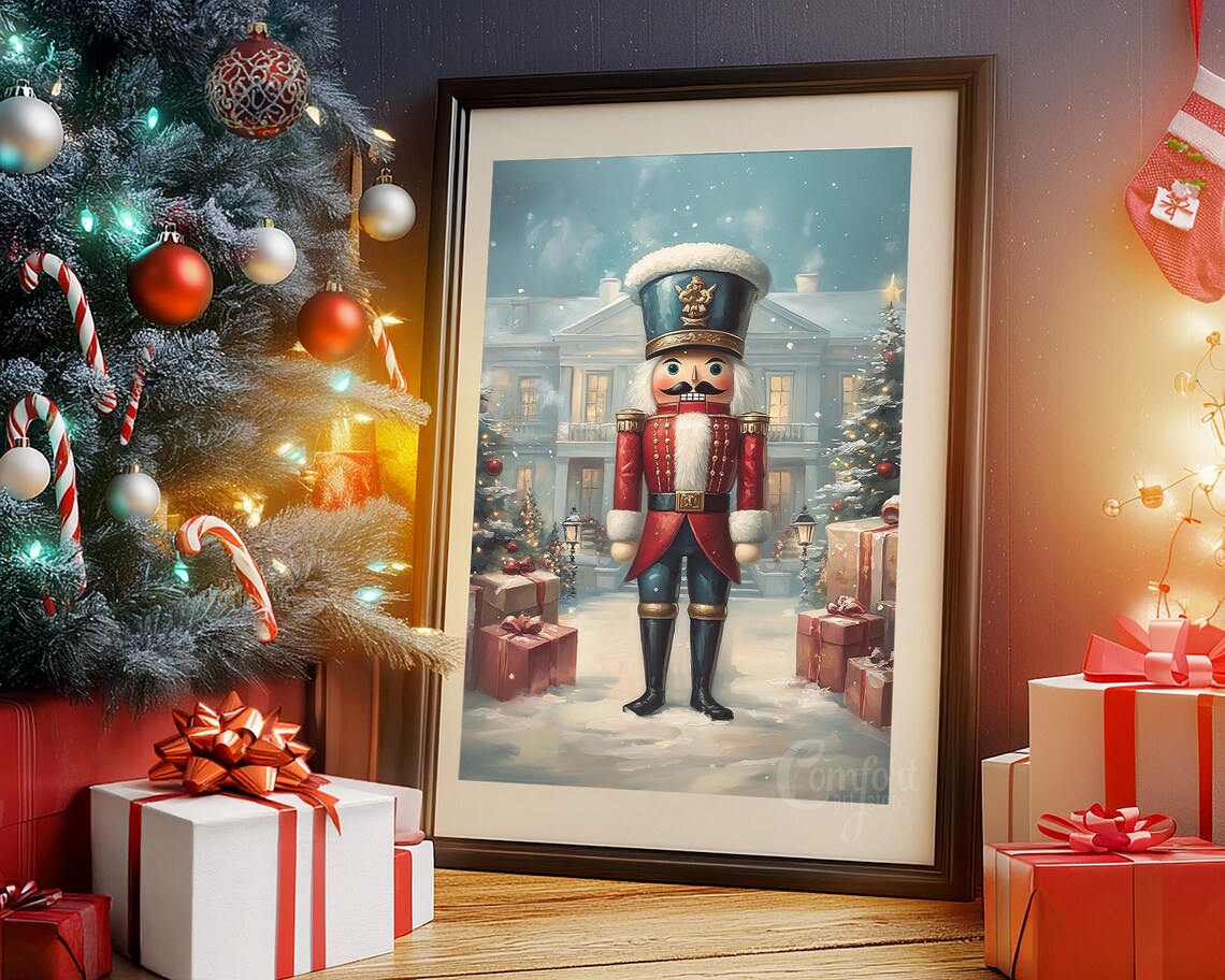 Toy Nutcracker in Front of Snow Covered Manor Christmas Art Poster - Image 5