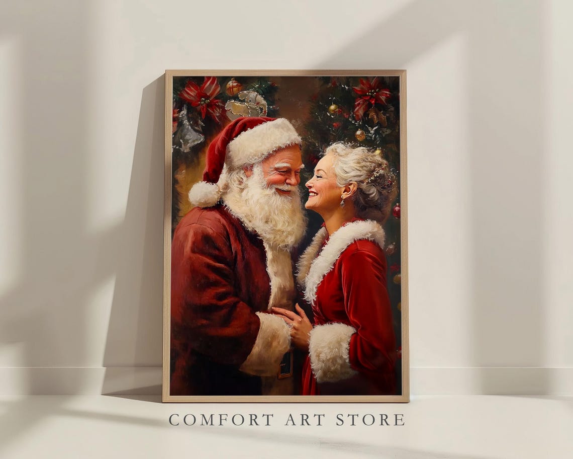 Santa and Mrs Claus Embracing in Front of Christmas Tree Poster - Image 6