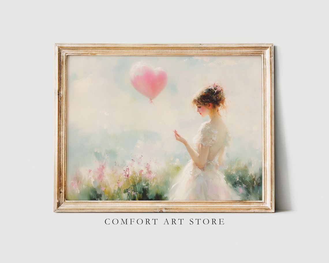 Valentines Woman Heart Balloon Flower Field Watercolor Romantic Print