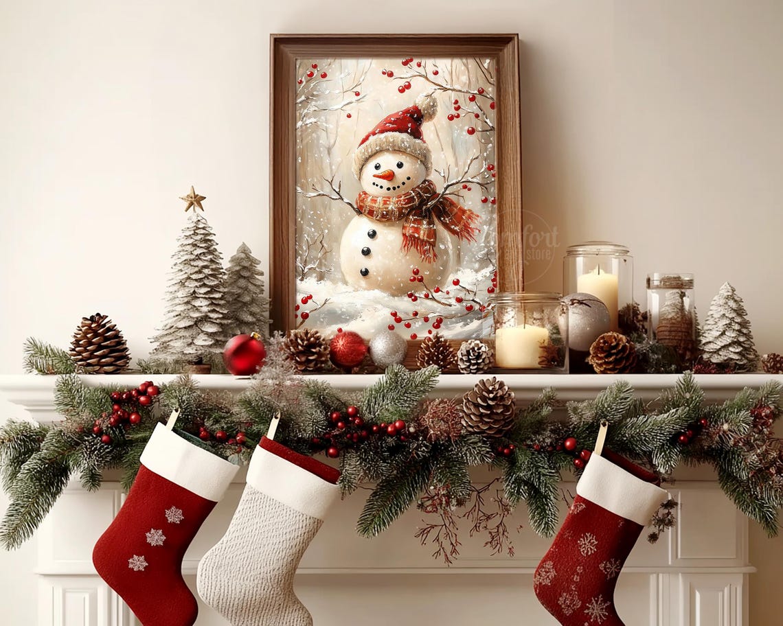 Snowman in Red Knit Hat with Plaid Scarf Winter Watercolor Wall Art - Image 4