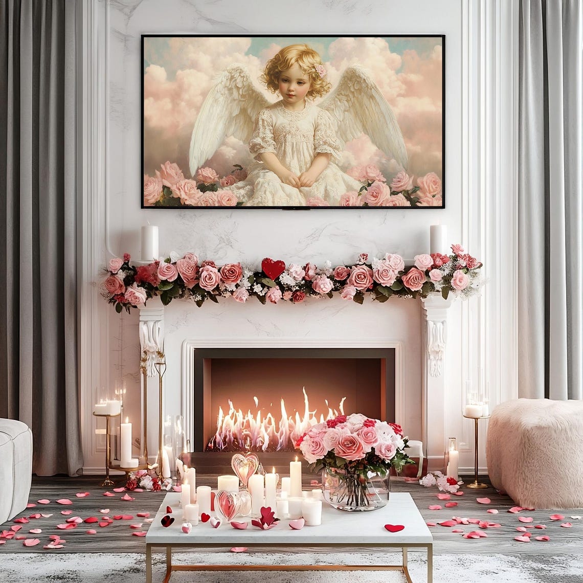 Cherubic Angel With Pink Roses Vintage Frame TV Art Romantic Poster - Image 4