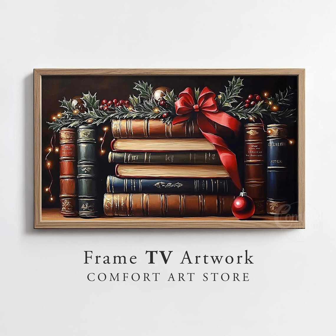 Vintage Christmas Books with Holly Bow Holiday Mantel Art Poster