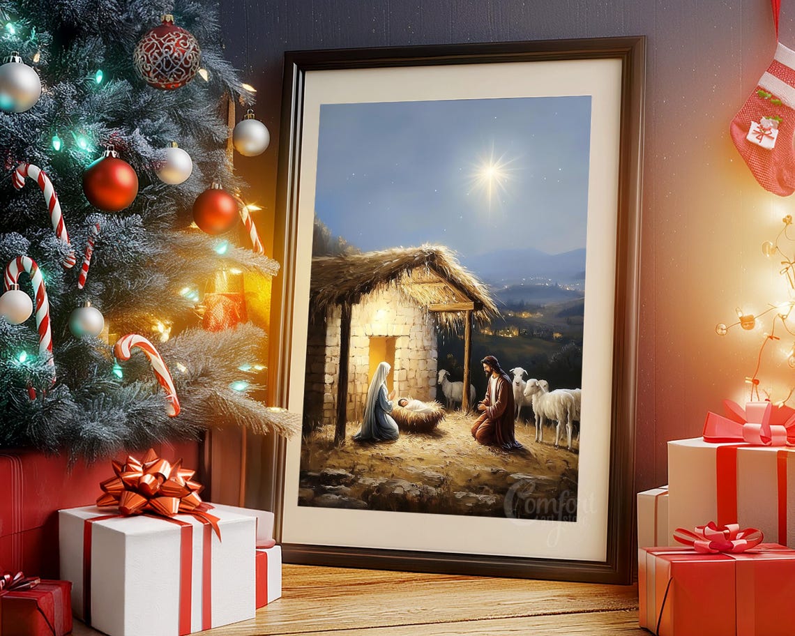Silent Night Nativity Scene with Bethlehem Star and Sheep Poster - Image 6