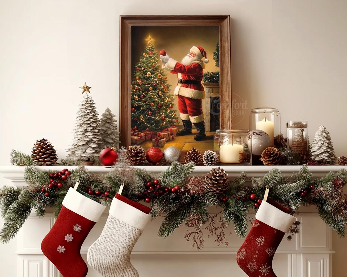 Vintage Santa Claus Decorating Christmas Tree by Fireplace Poster - Image 8
