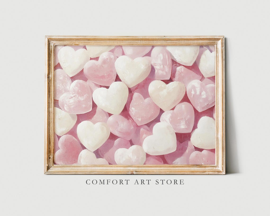 Valentines Pink White Candy Hearts Painting Sweet Romantic Wall Art - Image 5