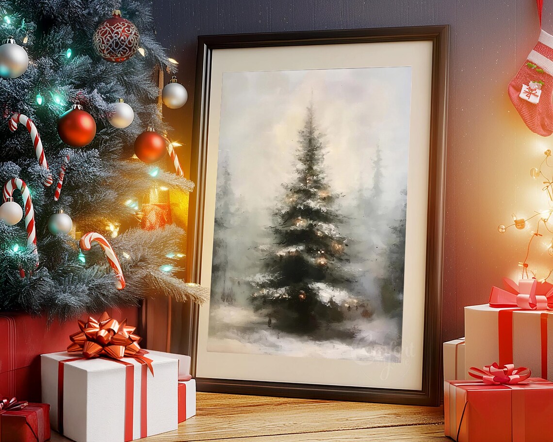 Misty Evergreen Tree Warm Lights Dreamy Snowy Forest Painting Poster - Image 6