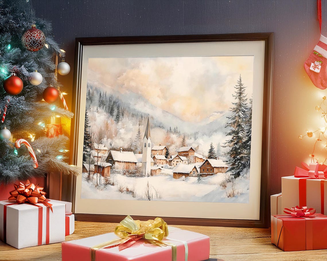 Snowy Alpine Village with Church Misty Mountain Winter Poster - Image 2
