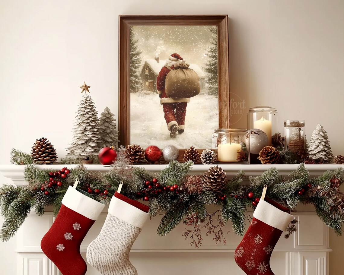 Santa Claus Print Vintage Christmas Wall Art Antique Santa Painting Winter Landscape Holiday Decor Christmas Gift Santa Wall Art - Image 4