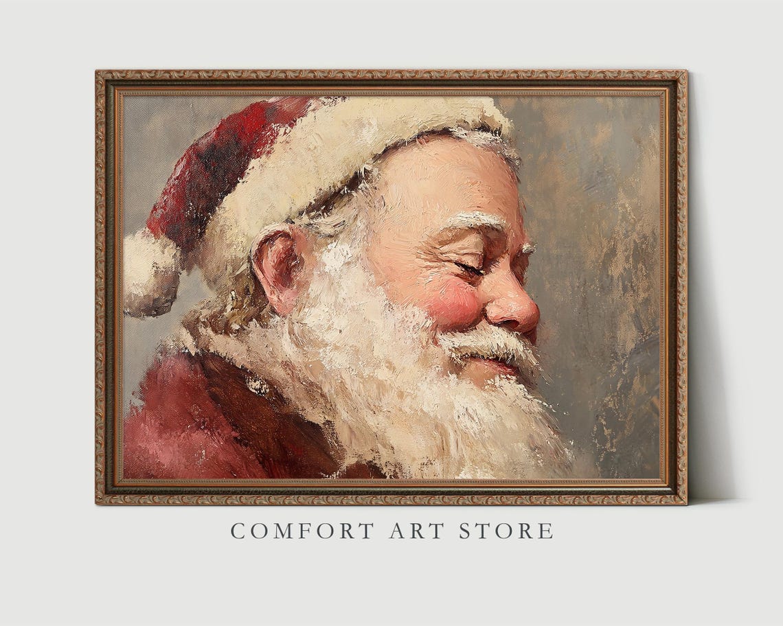 Antique Vintage Santa Claus Portrait Print Smiling Santa Claus Close Up Portrait Wall Art Christmas Scene Painting Neutral Print - Image 3