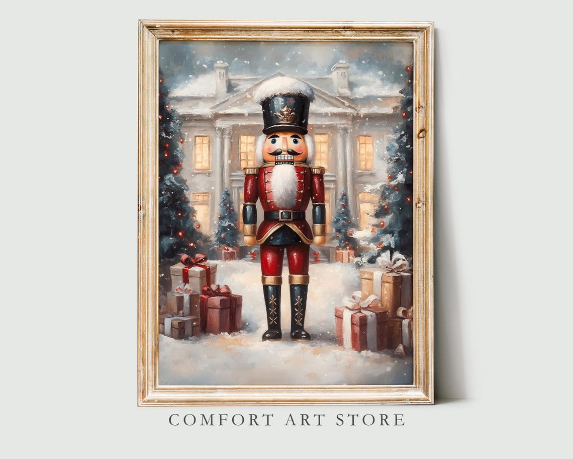 Classic Red Nutcracker Soldier in Snowy Mansion Holiday Scene Poster