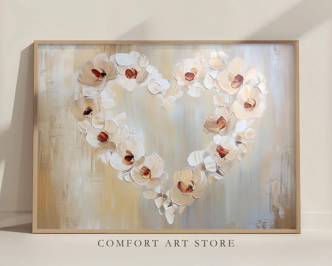 Valentines Floral Heart Wreath Neutral Beige Blossoms Impasto Wall Art - Image 2