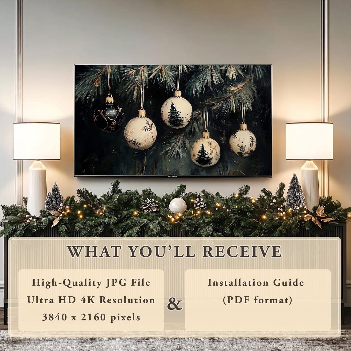 Christmas Ornaments Hanging on Dark Pine Branches Moody Poster - Image 3