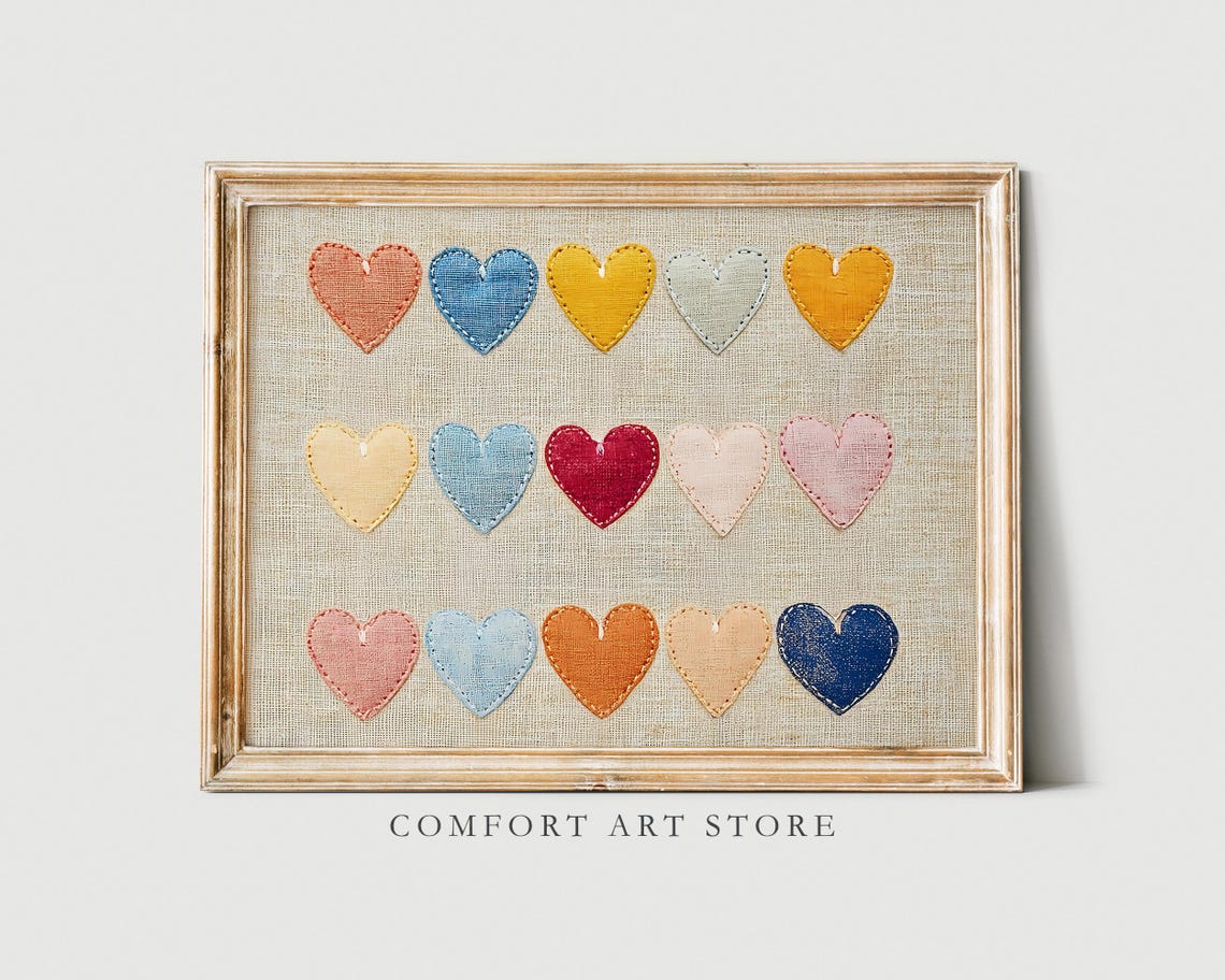 Valentines Embroidered Hearts Grid Linen Fabric Rustic Print Wall Art - Image 5