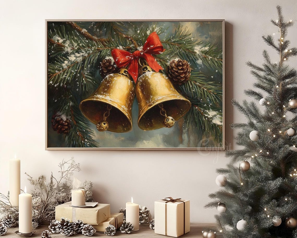 Golden Christmas Bells with Red Bow on Snowy Pine Branches Wall Art - Image 8