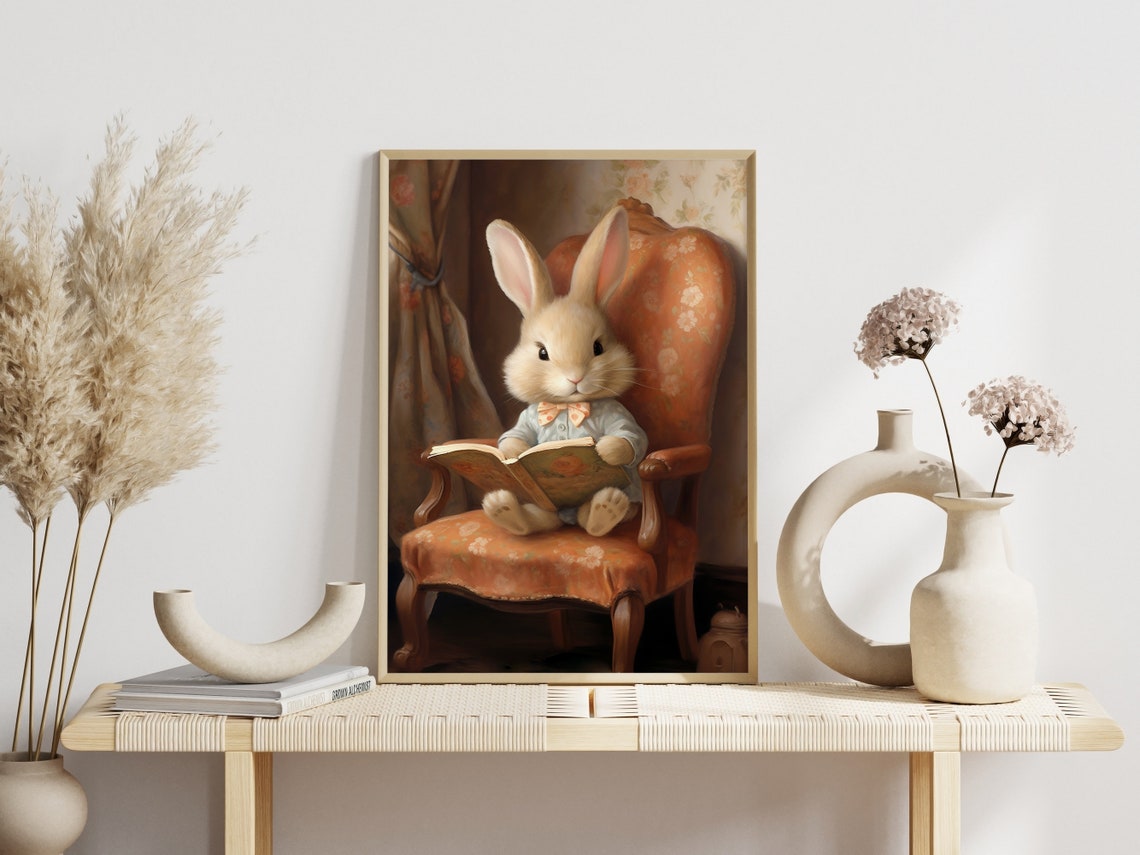 Adorable Bunny Rabbit Reading Book in Vintage Armchair Poster - Image 8