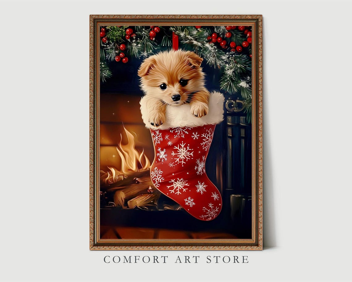 Adorable Puppy Peeking from Christmas Stocking by Fireplace Poster - Image 3