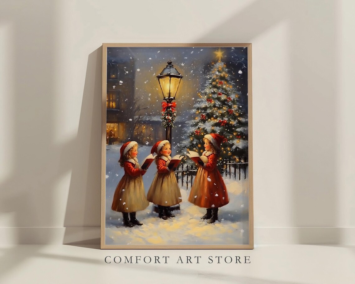 Little Girls Caroling Snowy Christmas Tree Vintage Oil Painting Poster - Image 5