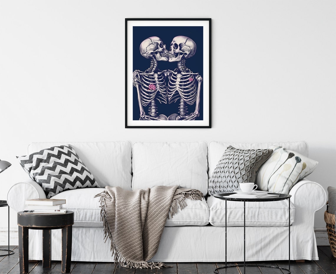 Kissing Skeletons With Pink Rose Dark Navy Gothic Romance Wall Art - Image 2