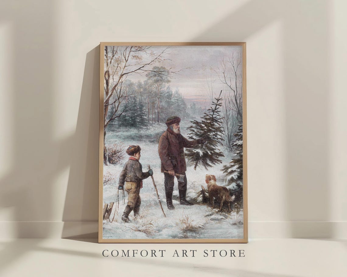 Vintage Painting of Father and Son Cutting Christmas Tree Wall Art - Image 8
