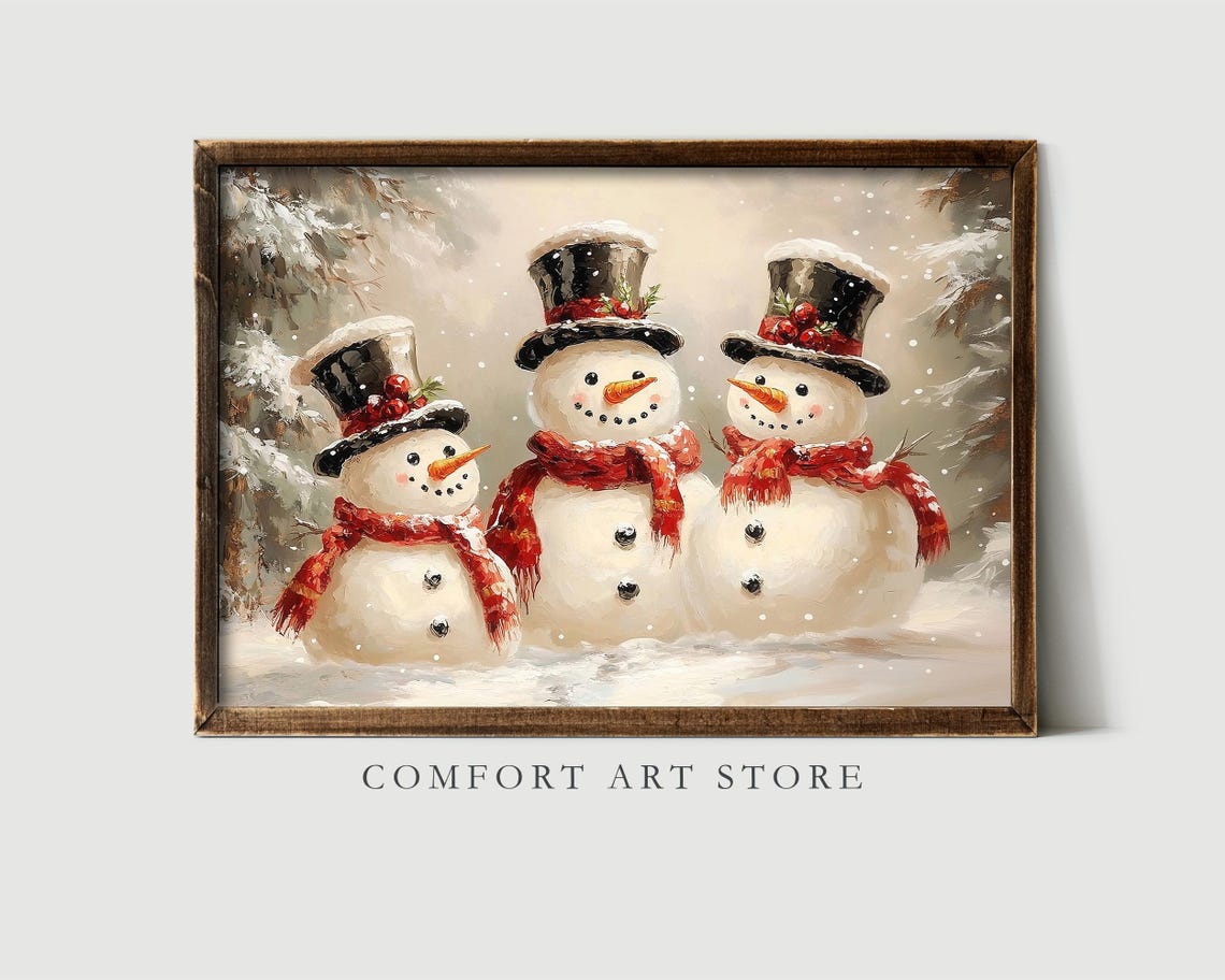 Vintage Christmas Snowman Print Christmas Wall Art Winter Holiday Antique Christmas Snowman Family Painting Snowman Wall Art Christmas Decor - Image 2