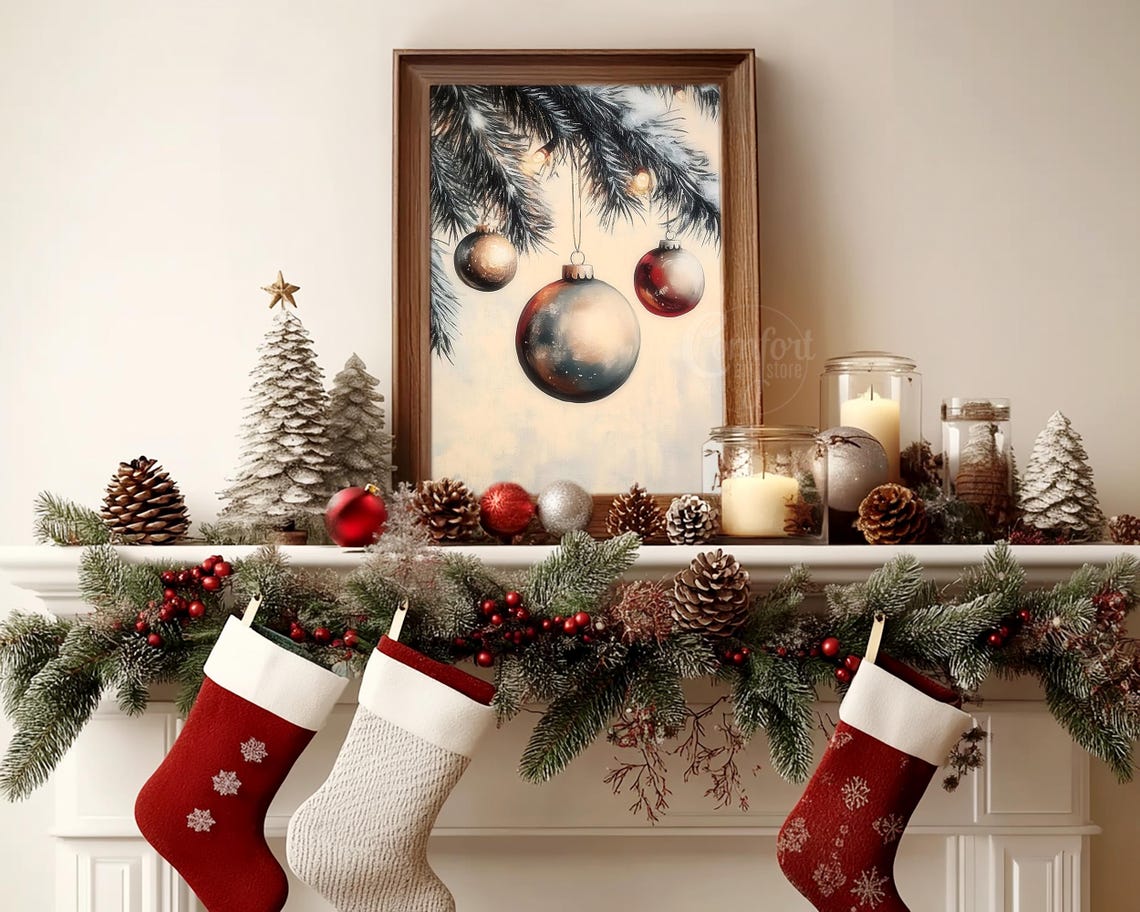 Elegant Vintage Christmas Ornaments on Snowy Pine Branch Poster - Image 4