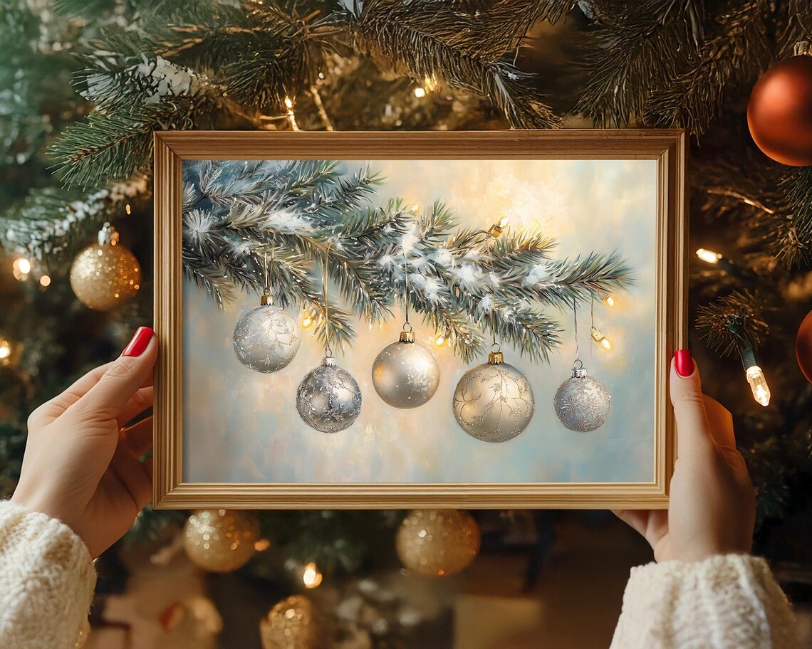 Elegant Champagne Gold Christmas Ornaments on Snowy Branch Poster - Image 4