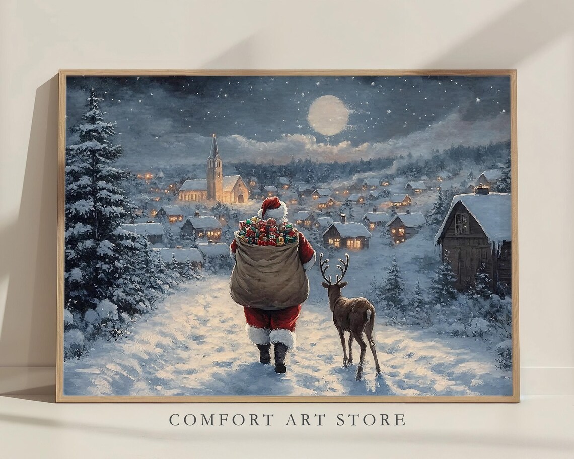 Christmas Wall Art Santa Claus Reindeer Print Dark Academia Winter Village Scene Snowy Holiday Decor Vintage Christmas Painting - Image 6