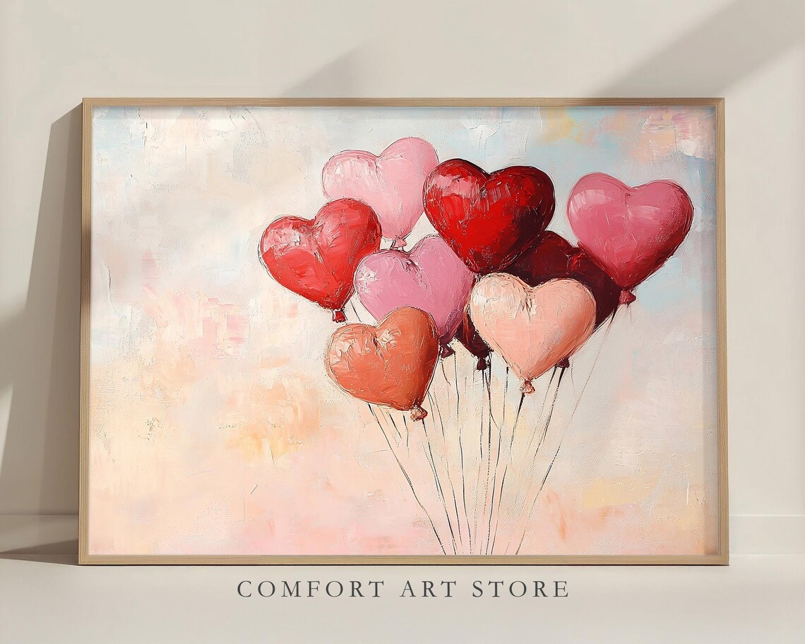 Valentine Red Pink Heart Balloons Bouquet Oil Painting Romantic Poster - Image 4