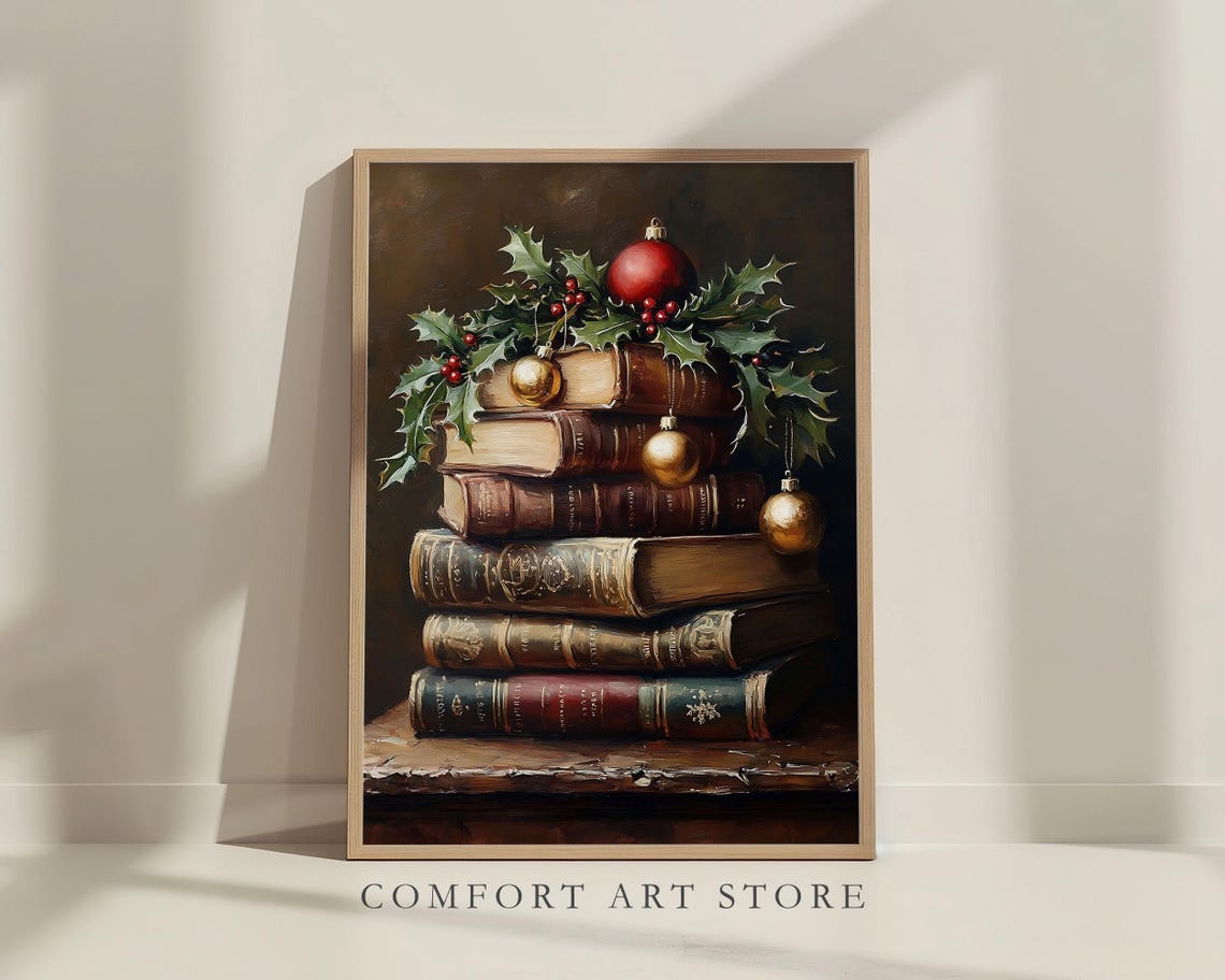 Antique Book Stack With Holly Berries and Christmas Baubles Poster - Image 2
