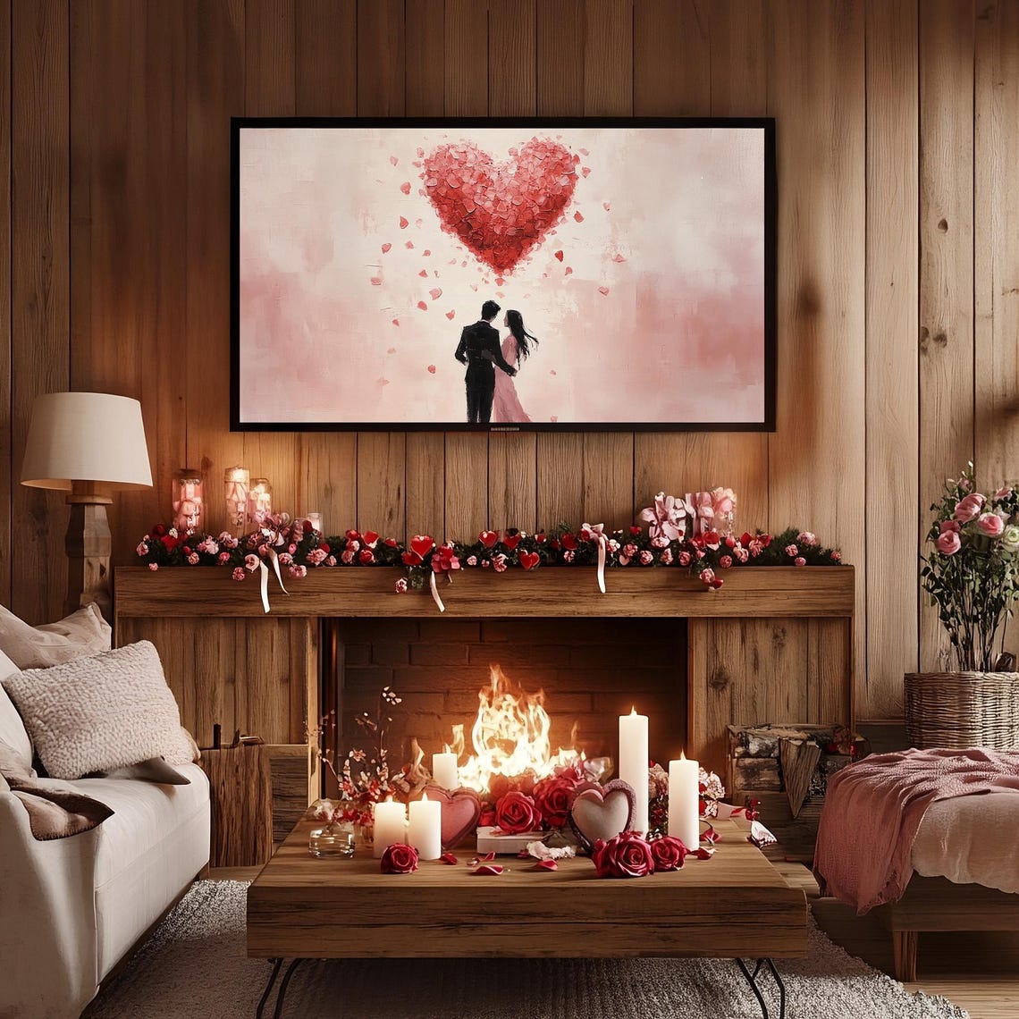 Couple Silhouette Under Red Heart Balloons Valentines Art Poster - Image 3