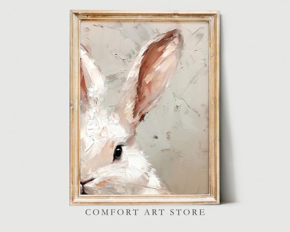 Easter Bunny Print Cute Easter Rabbit Close Up Neutral Spring Impasto Easter Bunny Nursery Wall Art Vintage Easter Decor Bunny Art
