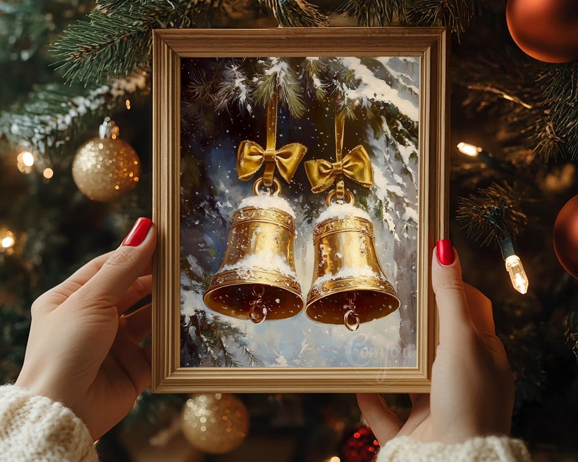 Golden Christmas Bells With Bows Hanging in the Snow Vintage Poster - Image 4