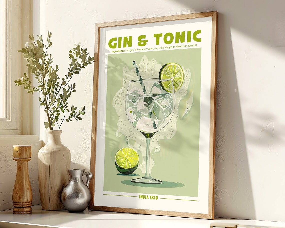 Gin and Tonic Cocktail Recipe Retro Kitchen Bar Decor Wall Art - Image 7