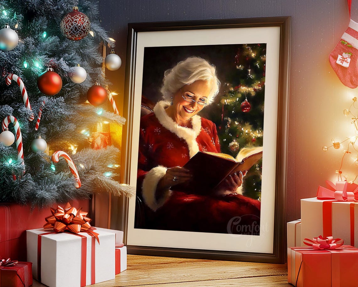 Mrs Claus Smiling Over Her Book by the Christmas Tree Wall Art - Image 4