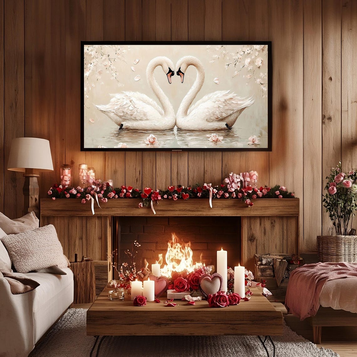 White Swans Necks Forming Heart Blossom Lake Romantic Art Poster - Image 2