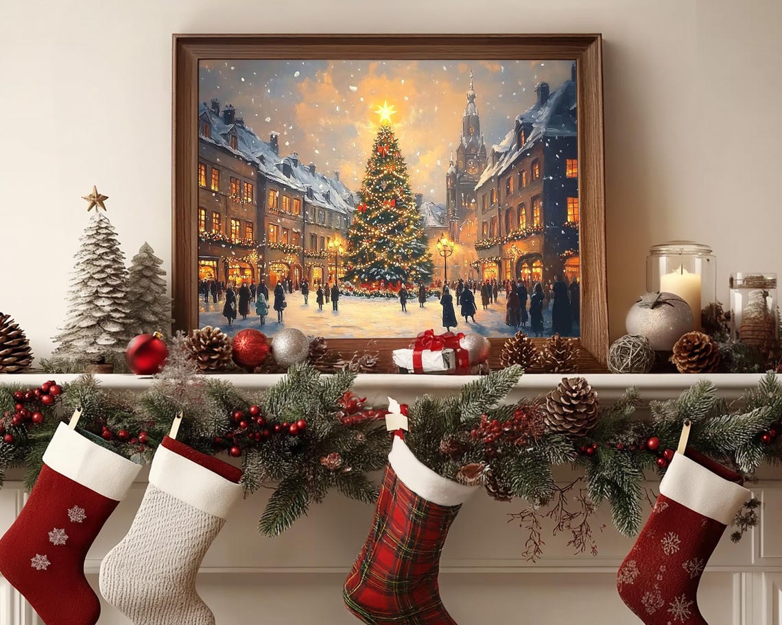 Vintage Christmas Town Print Christmas Wall Art Winter Holiday Antique Christmas Cityscape Painting Christmas Tree Wall Art Christmas Decor - Image 6