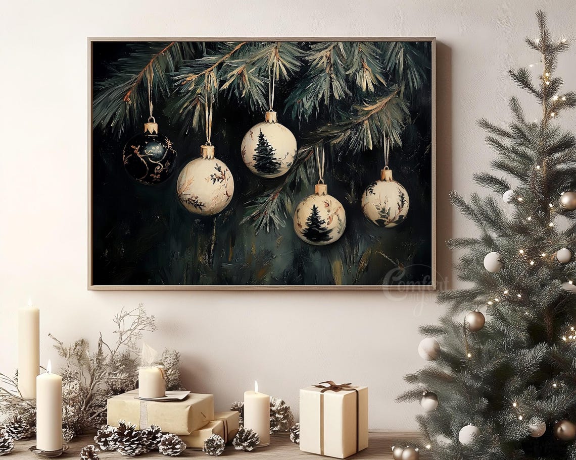 Hand Painted White Christmas Ornaments on Dark Pine Branch Poster - Image 8