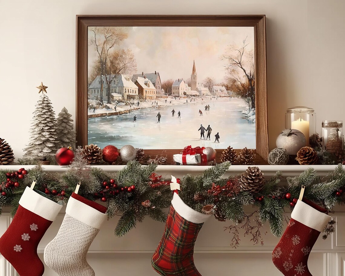 Village Ice Skating on Frozen Pond Winter Landscape Wall Art - Image 3