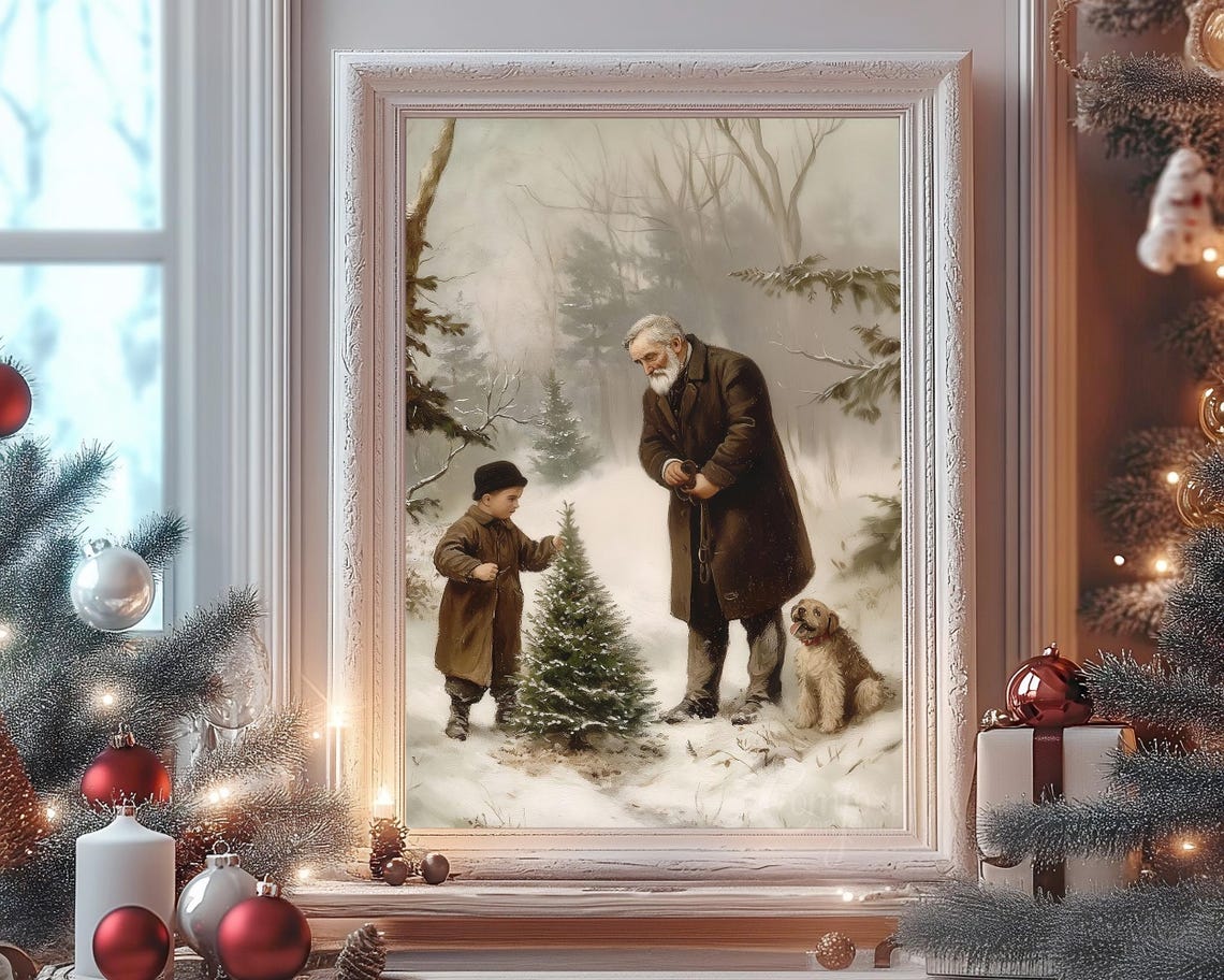 Vintage Grandfather and Boy Choosing Christmas Tree in Snow Poster - Image 8