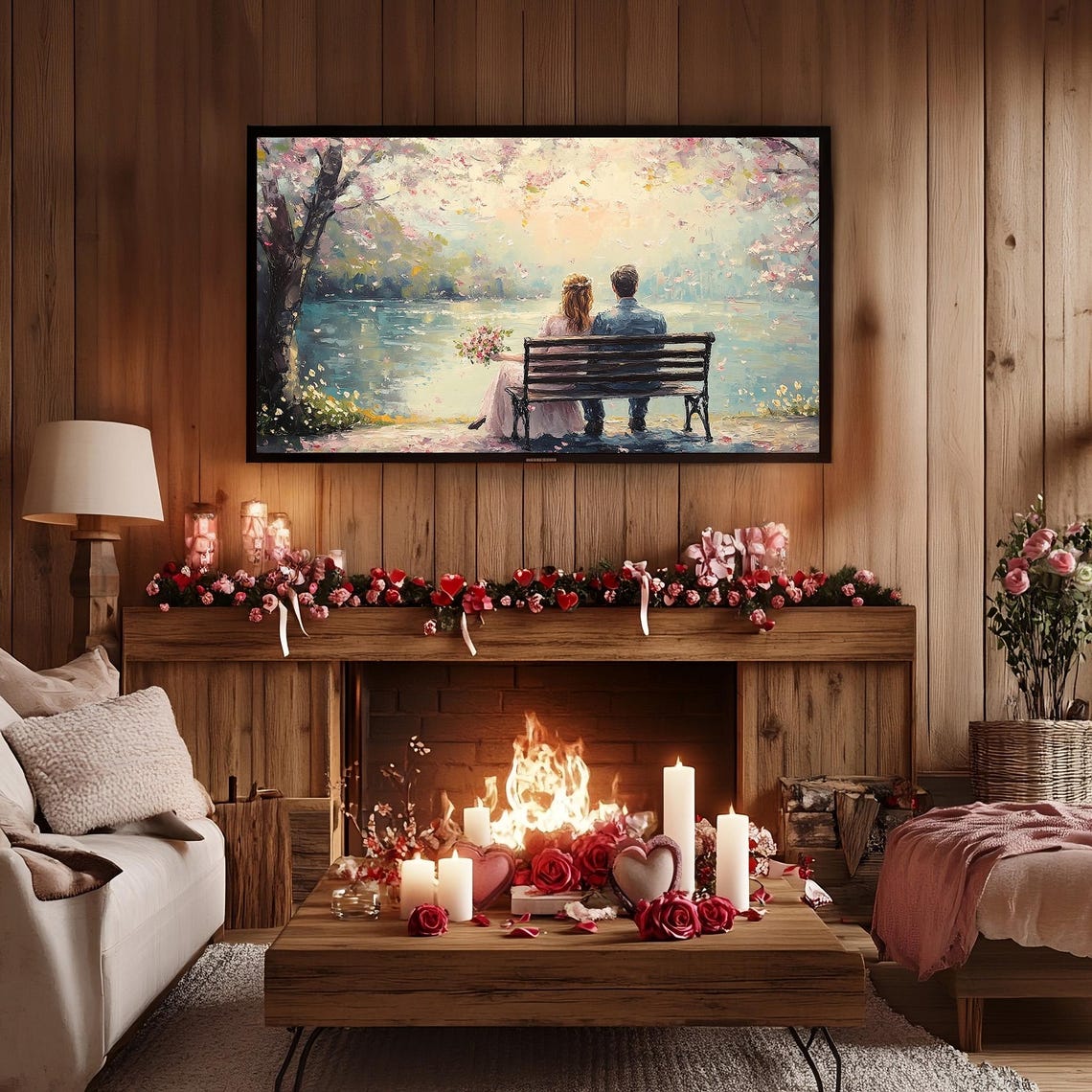 Romantic Couple Bench Cherry Blossom Lake Painting Decor Poster - Image 2