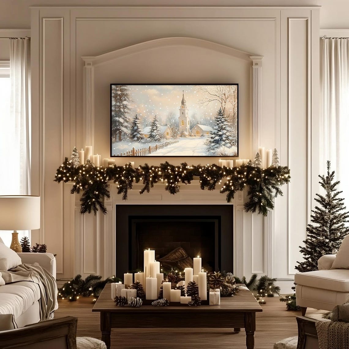 Snowy Christmas Village Church With Falling Snow Vintage Poster - Image 3