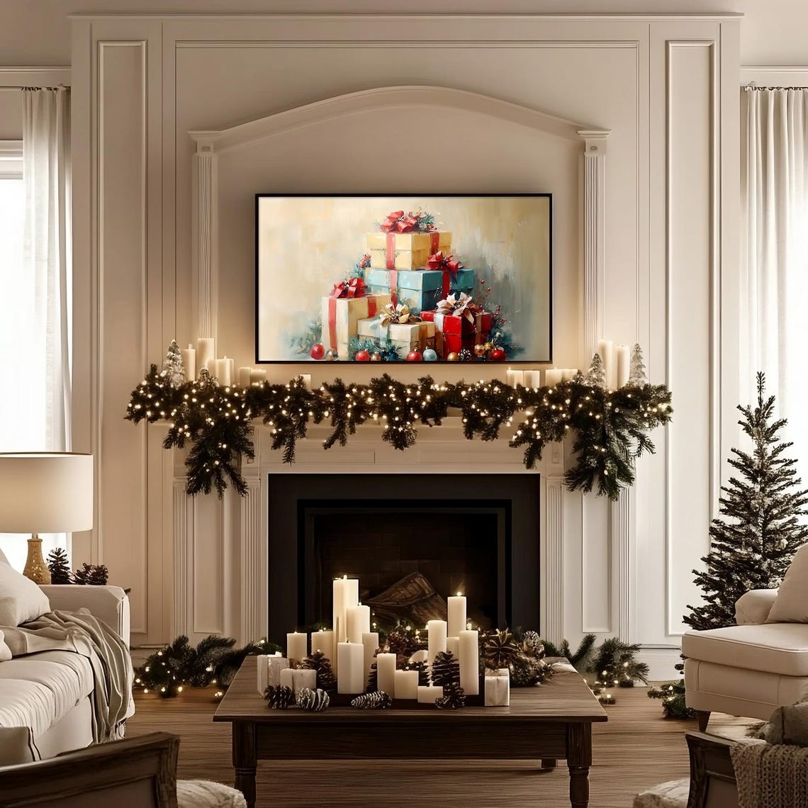 Gift Box Frame Tv Art Vintage Christmas Antique Christmas Ornament Christmas Painting Christmas Frame Tv Holiday Scene Winter Gifts - Image 2