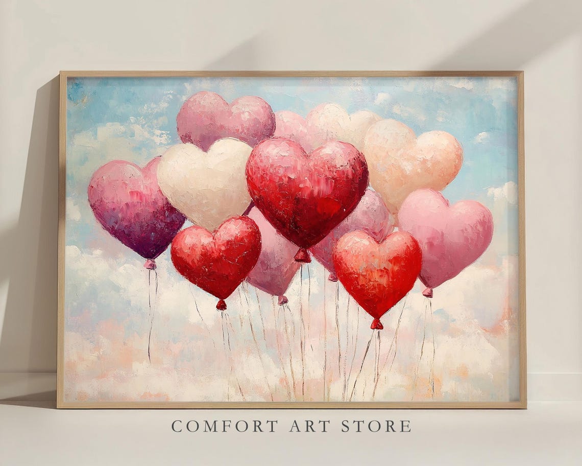Heart Shaped Balloons Bouquet Sky Painting Valentines Decor Poster - Image 3